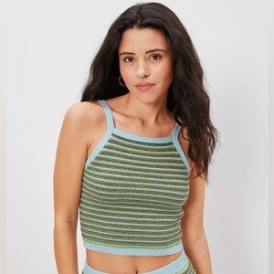 American Eagle AE High Neck Sweater Crop Top Crochet Size XS Striped Green Blue